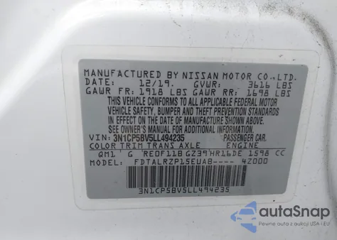 2020 Nissan Kicks S Xtronic Cvt z USA, uszkodzony, nr VIN 3N1CP5BV5LL494235